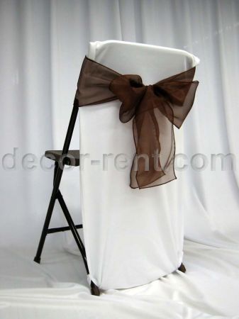 Folding Chair Back Cover White with Chocolate Organza Bow (side) Folding Chair Back Cover White with Chocolate Organza Bow (side)